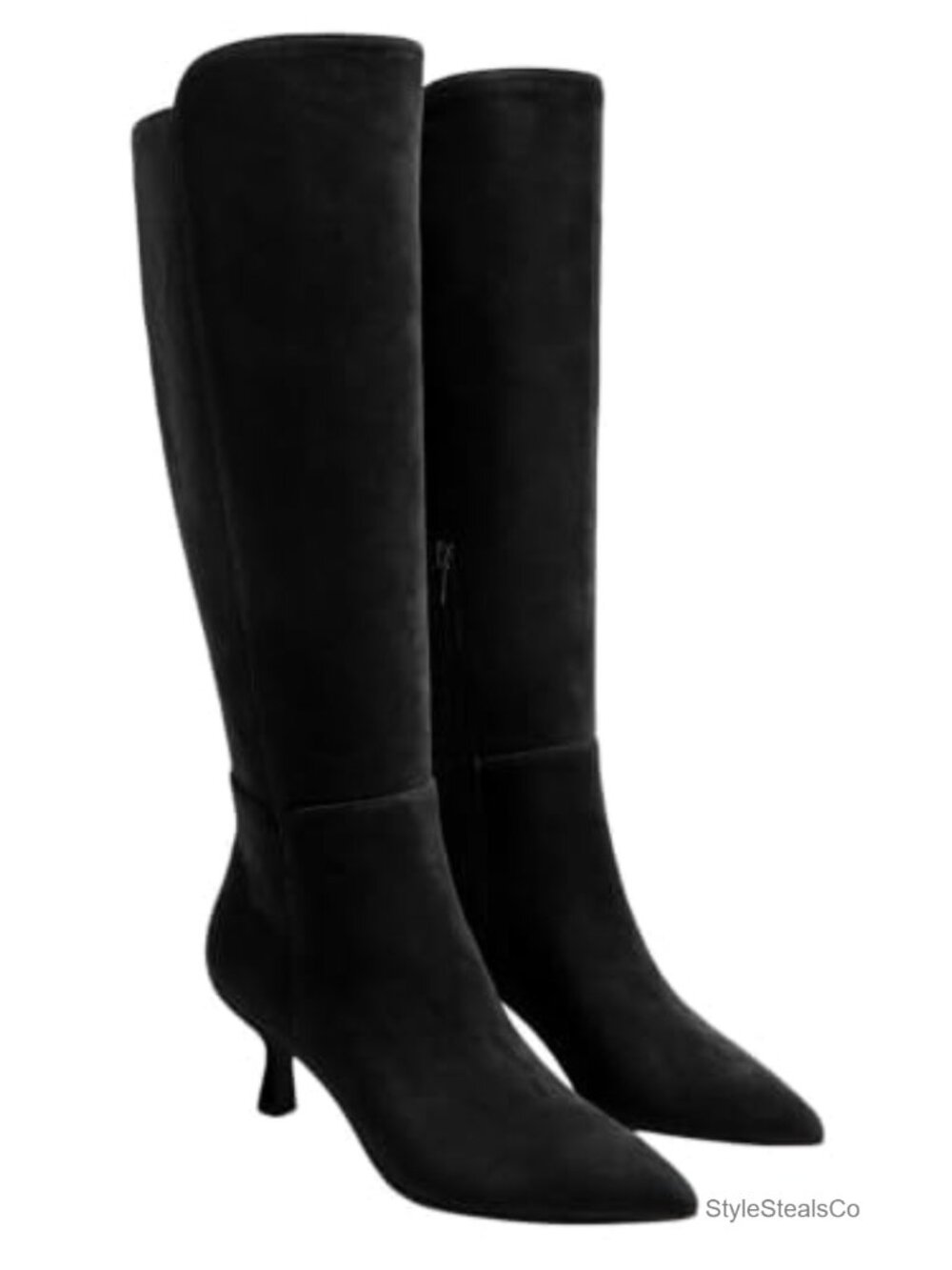 Coutgo Women's Knee-High Boots Kitten Heel Pointed Toe Faux Suede Zip
